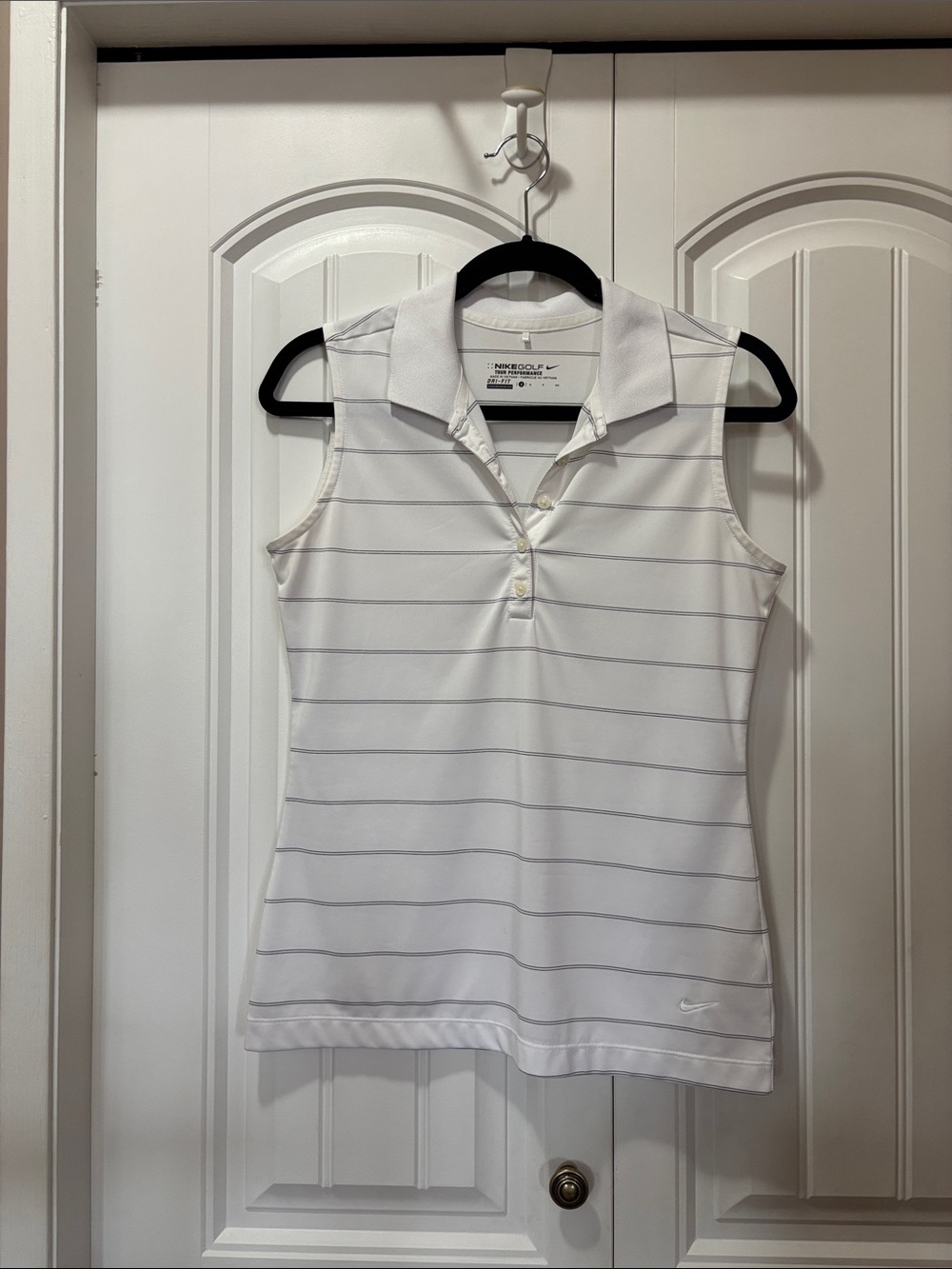 Nike White Sleeveless Polo Tank with Thin Black Stripes